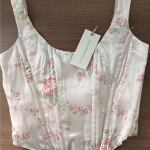 LoveShackFancy Pink and Green Floral Satin bustier NWT